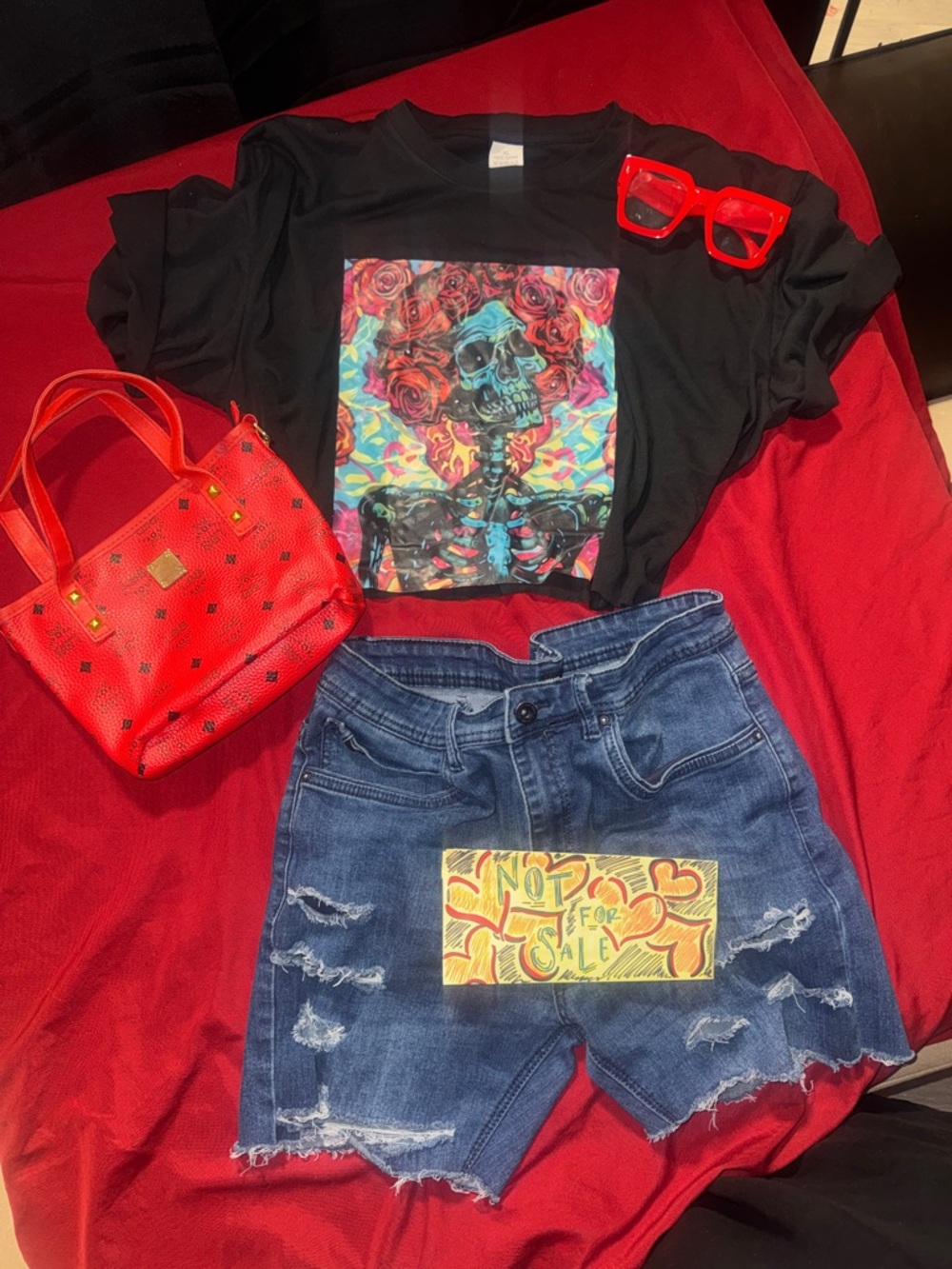 Black Graphic Skeleton Tee with Multicolor Skull Print*JEAN SHORTS NOT4 SALE